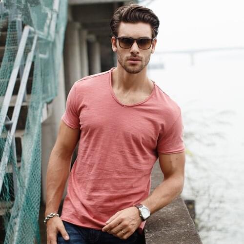 Male Tops Tees Short Sleeve T Shirt for Men Brand Quality 100% Cotton Men T-Shirt V-Neck Fashion Design Slim Fit Soild T-Shirts