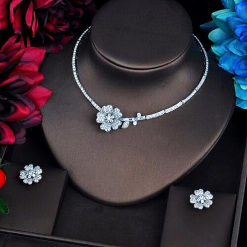 HIBRIDE Sparkling Clear CZ Jewelry Sets For Women Necklace Set Beauty Flower Design Brincos Jewelry Party Gifts N-571