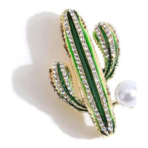 HOSENG Green Cactus Pearl Rhinestone Plant Brooch Woman Man Elegant Fashion Party Dress Jewelry Lapel Collar Pin Gift HS_220