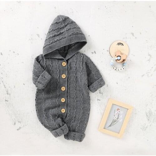 Baby Girls Boys Jumpsuits Printed Pattern Knitted Hooded Romper Pants with Buttons Long Sleeve Overalls for Newborn 0-18 Months