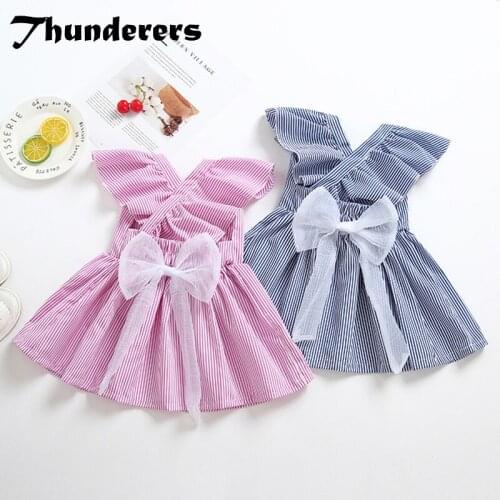 Thunderers Summer Backless Striped Kids Princess Dress For Girl Big Bow Girl Party Dress Elegant Baby Girl Clothes Beach Dress