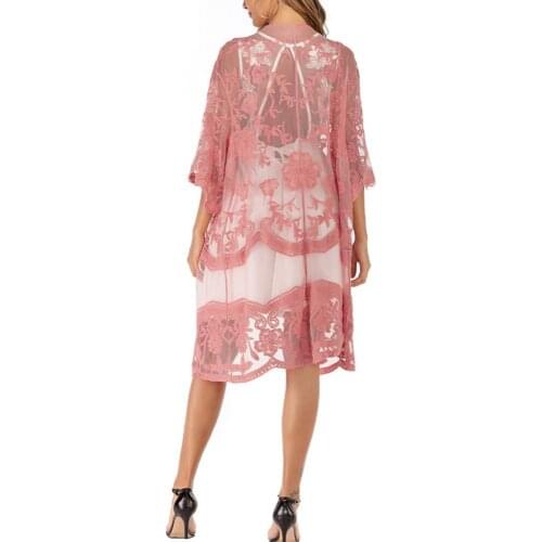 Summer Sexy Women Beachwear Lace Floral Crochet Sheer Bikini Cover Up Long Open Cardigan Bohemian Beachwear 6 Color