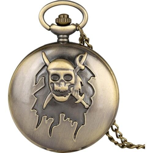 Retro Bronze Pirate Skull Cross Sword Quartz Pocket Watch Necklace Pendant FOB Chain Clock Gifts for Men Women Reloj de madera