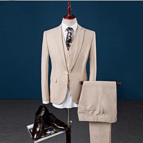 2020 Summer Beige Linen Summer Suit 3 Pieces Men Slim Fit Business Groom Wedding Tuxedo Tailor Made Casual Stylish Men Suit