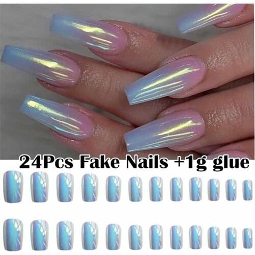 24Pcs/Set Fake Nails Tips Charming False Nail Laser Color Gradient Acrylic UV Gel Nail Tips Artificial Nails For Nail with Glue