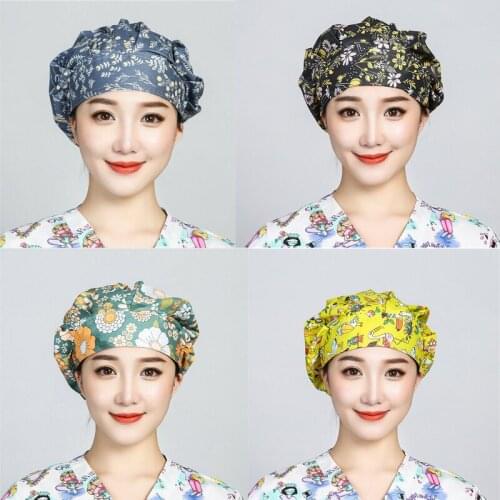 Newest Floral Printed Soft Women Bouffant Scrubs Hats Cotton Sweatband Cap Reuseable Hair Cover Work Wear Breathable Scrub Caps