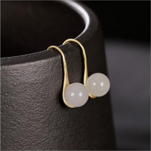SNew silver inlaid natural Hetian jade round bead earrings Chinese retro temperament fresh and cold wind womens brand jewelry
