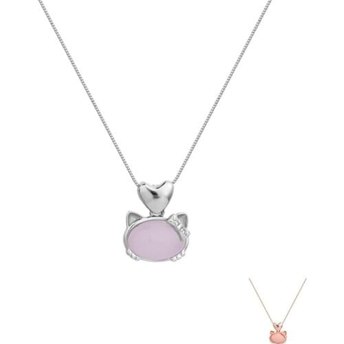 ZEMIOR 925 Sterling Silver Cute Heart Cat Pendant Necklace For Women Pink Crystal Hibiscus Stone Necklaces Silver 925 Jewelry
