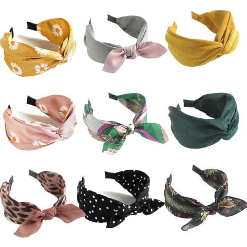 Boho Bow Bunny Ears Wide Headbands Women Girls Elastic Hair Bands Accessories Non Slip Head Wrap Top Knotted Hair Hoop Headdress
