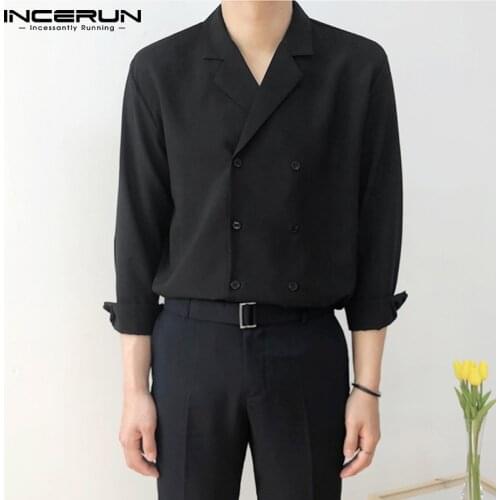 Men Shirt Double Breasted Lapel 2021 Long Sleeve Streetwear Leisure Shirts Fashion Tops Solid Color Camisas Hombre INCERUN S-5XL