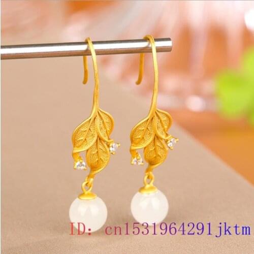 White Jade Leaf Earrings 925 Silver Chalcedony Gifts Amulet Gemstone Natural Women Crystal Fashion Jewelry Zircon Charm