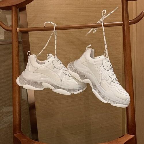 Mesh Leather Patchwork Sneakers Lace Up Chunky Shoes Height Increasing Fashion Trainers Clunky Casual Shoes White Clear Bottom