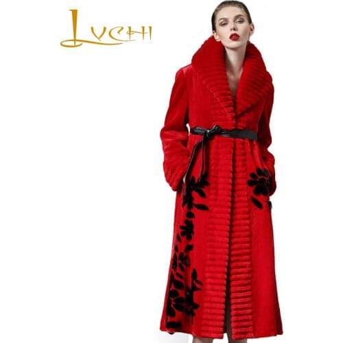 LVCHI Winter2017 Import Red Mink Fur Coat Womens Long Sleeve Coat Black Butterfly Neck Real Natural Fur Print X-Long Mink Coats