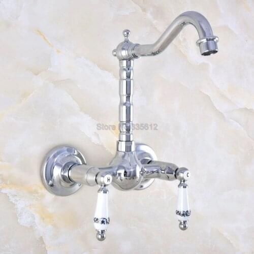 Basin Faucets Wall Mounted Kitchen Bathroom Sink Faucet Dual Handle Swivel Spout Hot Cold Water Mixer Tap tnf571