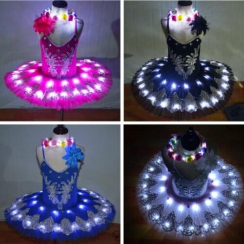 LED Light Professional Tutu Children Swan Lake Ballet Costumes Kids Classical Ballet Tutu Girls Pancake Glitter Tutu Skirts