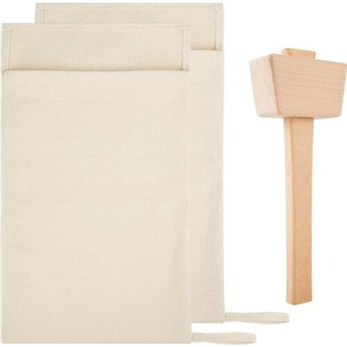 Pack of 2 Lewis Bags and 1 Piece Ice Mallet Set-Reusable Canvas Crushed Ice Bags with Wooden Mallet for Home Party Bar