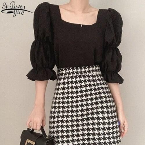 French Chic Sweet Women Solid Tops 2021 Summer Blouse Square Collar Shirring Bubble Sleeve Blouse Elegant Shirt Blusas 13824