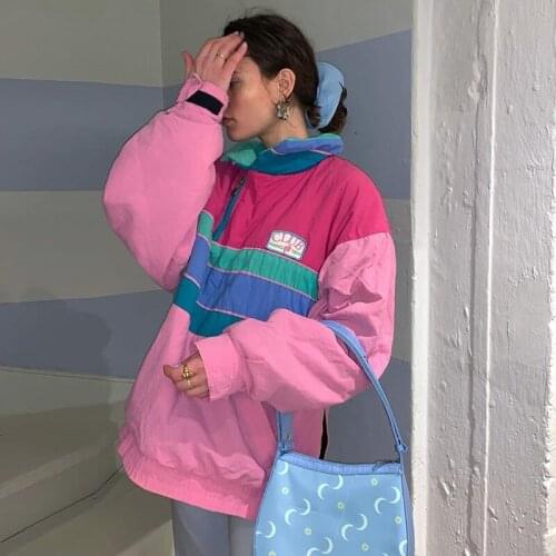 B-TOTO American Retro Half Zipper Pink Stitching Contrast Jacket Womens Trendy Ins Windbreaker Jacket 2021 New Fashion