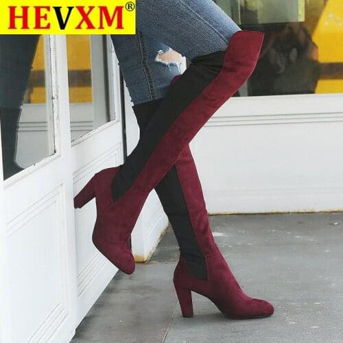Winter Thigh High Boots Women Over The Knee Boots Long Sexy Black Booties Stretchable Block Heels Size 34-43 Feminino Zapatos