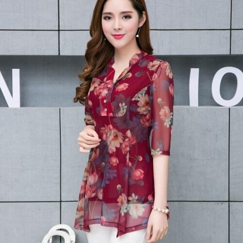Women Spring Autumn Style Chiffon Blouses Shirts Lady Casual Half Sleeve V-Neck Flower Printed Chiffon Blusas Tops DD8923