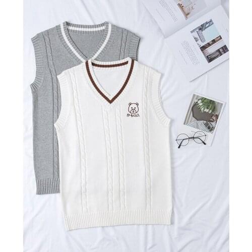 New Fashion Women Cute Bear Embroidery Japanese Cartoon Knit Sleeveless Sweater Vests 2019 Autumn New Female Jk Uniform Sweaters