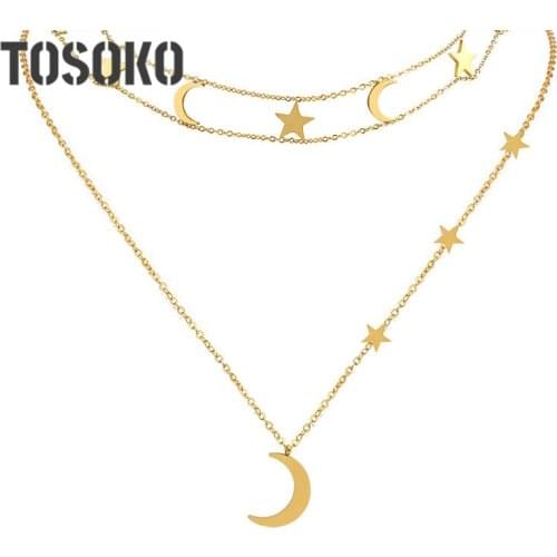 TOSOKO Stainless Steel Jewelry Romantic Star Moon Pendant Double Layered Necklace Female Collar Clavicle Chain BSP896