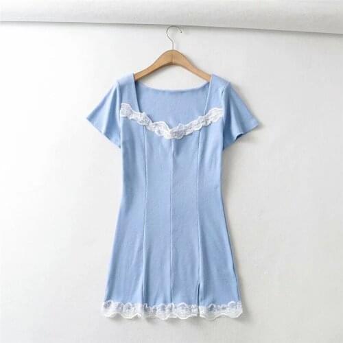 Merodi Women Vintage Square Collar Short Sleeve Summer Blue Knitted Mini Dress Chic Lady Fashion Patchwork Lace High Wiast Dress