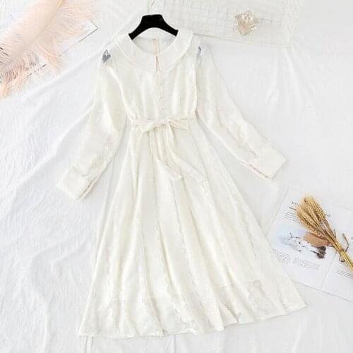 2020 Autumn Winter Women Dress Vintage Long sleeve Doll collar Lace Dress Elegant Ladies Party Dresses with belt High Quality
