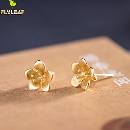 925 Sterling Silver Peach Blossom Stud Earrings For Women 18k Gold Flowe Ethnic Style Vintage Jewelry Flyleaf Spring New