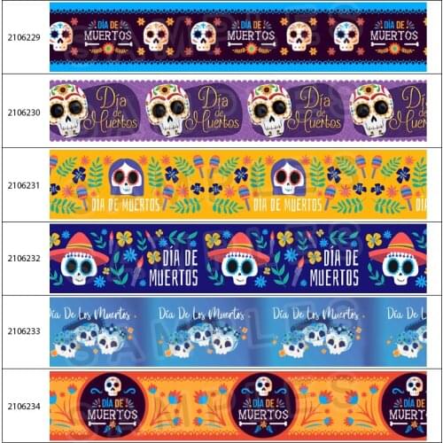 Skull Characters Printed Grosgrain Ribbon Mexican Flowers Day of The Dead 5Yards for DIY Hair Bow Handmade Material Headdress