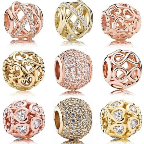 Rose Golden Shine Open You Heart Infinite of Love Galaxy With Crystal 925 Sterling Silver Beads Fit Europe Bracelet DIY Jewelry