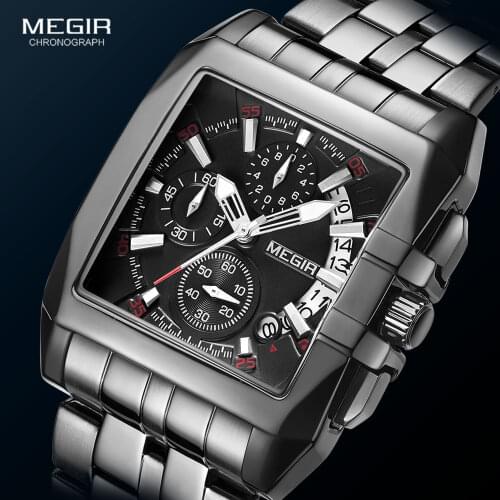 MEGIR Full Black Watches Men Luxury Chronograph Quartz Watch for Man Square Dial Luminous Wristwatch Relogios Часы мужские Reloj