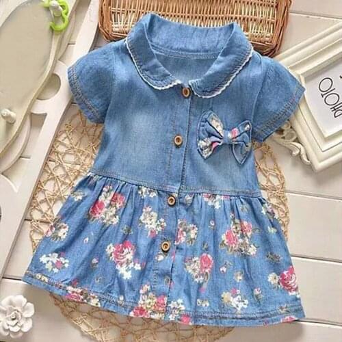 Short Sleeve Jean Dress Girls Clothes Floral Print Toddler Girl Summer Dresses Children 1-2 Years Newborn Baby Girl Dress Casual