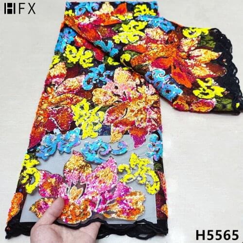 HFX colorful Sequined Lace Fabric 5 Yards 2021 Fashion High Quality Nigeria French sequins Lace Fabric For Sewing Dresses H5565