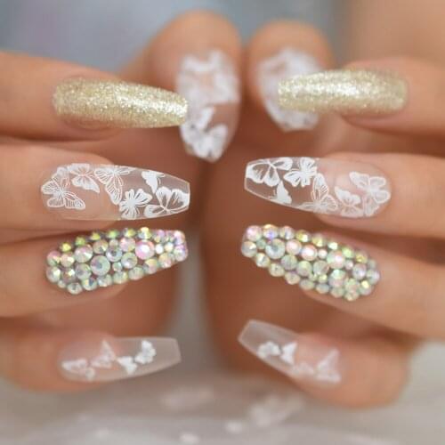 Butterfly Strass Sparkling faux Nails Kling Coffin Nail Tips Custom 3D Long Ballerinas Nail Tips UV Gel False Full Salon