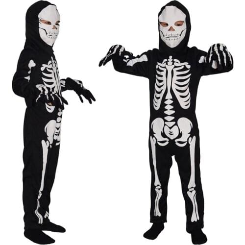 Q0KE Skeleton Halloween Costume for Boys Jumpsuit Mask Gloves Childrens Halloween Costumes Skeleton Costume Kids