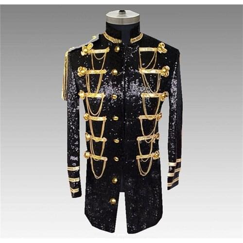 Gentlemen Fashion Costume for Performance Military Uniform Sequins Blazer with Golden Chains Male Casual Tuxedo