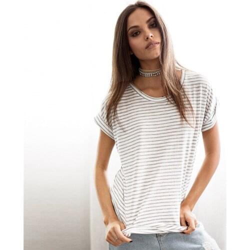 New Cotton Fashion Womens T-Shirts Summer Black White Stripe Short Sleeve T Shirt Casual O-Neck Stripe Loose Tee Top