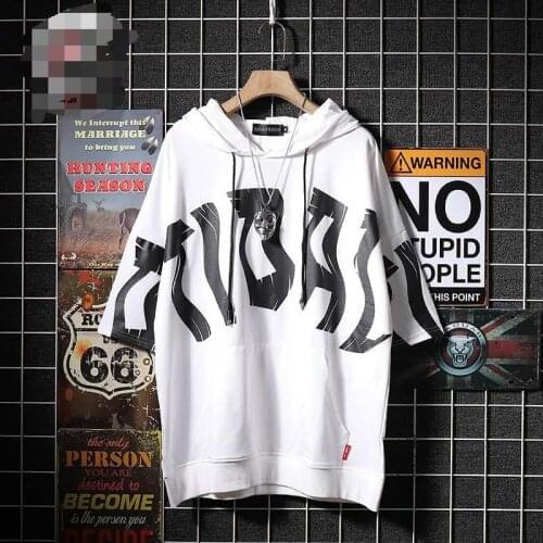 2021 New Hooded T-Shirt Men Five-Point Sleeve Short-Sleeved Summer Loose T-Shirt Letter Trend Japanese Short-Sleeved Men