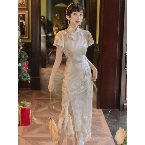 2021 Summer New Womens Chinese Style Retro Embroidery Slim Slim Cheongsam Dress Literary Mesh Stitching Mid-Length Dress