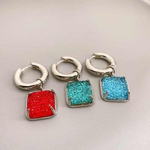New European and American fashion candy color gemstone earrings female copper color square pendant earrings