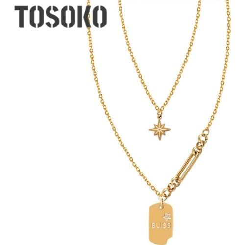 TOSOKO Stainless Steel Jewelry Womens Star Irregular Square Double Necklaces Geometric Star Overlay Necklace BSP859