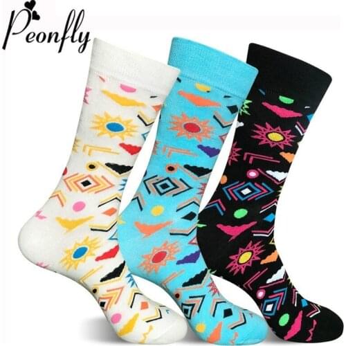 Peonfly Colorful Men Crew Socks Novelty Harajuku Male Space Universe Moon Saturn Star Symbol Pattern Jacquard Casual Cotton Sock