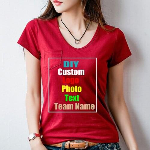 Personalized custom LOGO new solid color 95 pure cotton slim Korean style V-neck pocket short-sleeved womens T-shirt