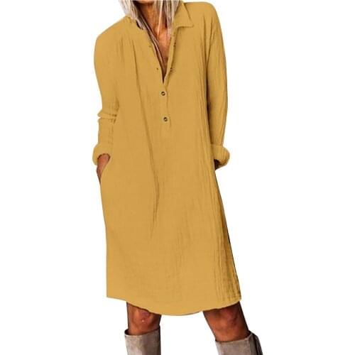 40# Loose Shirt Dress Women Casual Solid Color Cotton Linen Shirt Dress Lapel Button Pocket Dress Office Lady Long Sleeve Dress