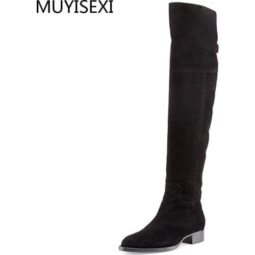Thigh High Boots Over the Knee Boots Black Women Full Genuine Leather 3 cm Heel Knee High Boots Womens Winter LIH02 MUYISEXI