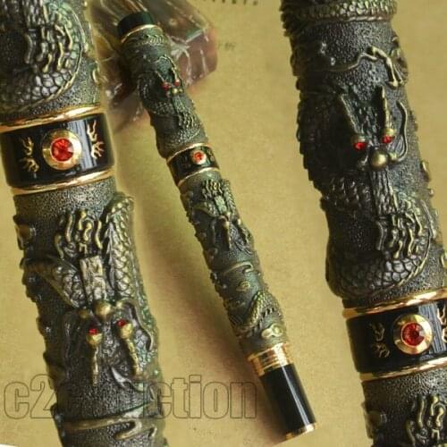 ROLLER BALL PEN JINHAO ANTIQUE BRASS TWO DRAGON PLAY PEARL CRYSTAL