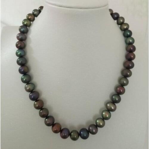 Stunning9-10mm tahitian black multicolor round pearl necklace 18inch 925 silver