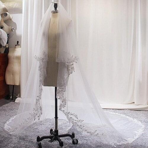 Bridal Veils LZP420 Real Pos Wedding Accessories 3M Long Ivory Lace Two Layer Veil With Comb Beaded
