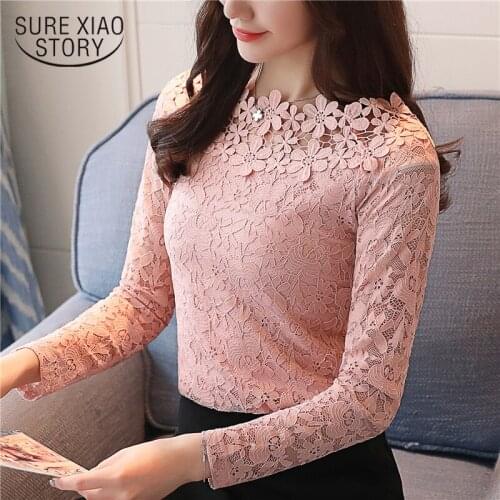 2021 new Spring Women Blouse O-collar Long Sleeve Lace Blouse Hollow Out Bottoming Women Tops Slim Fit Blusa Fashion 1105